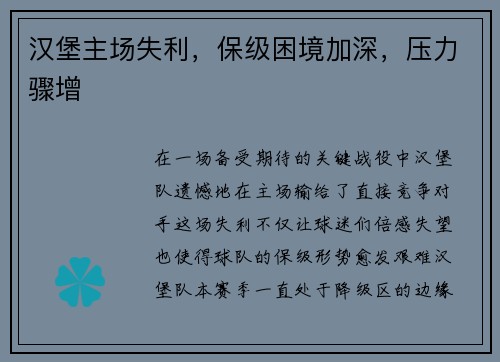 汉堡主场失利，保级困境加深，压力骤增